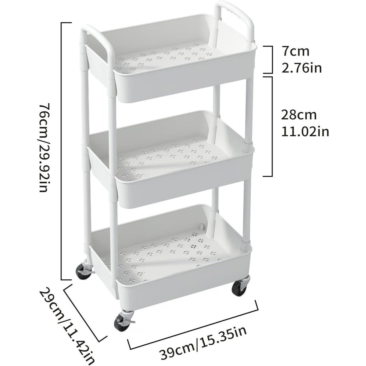 3-Tier Plastic Rolling Utility Cart with Carry Handle for Organized Everyday Storage detail image - detail view 7