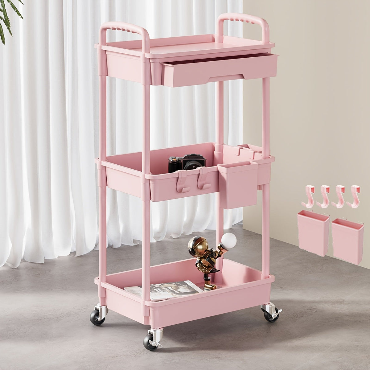 Rolling Storage Cart shown in the pink, 3 Tier option