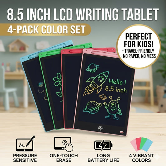 LCD Writing Tablets, 4-Pack of 8.5-Inch Erasable Drawing Boards in Four Colors