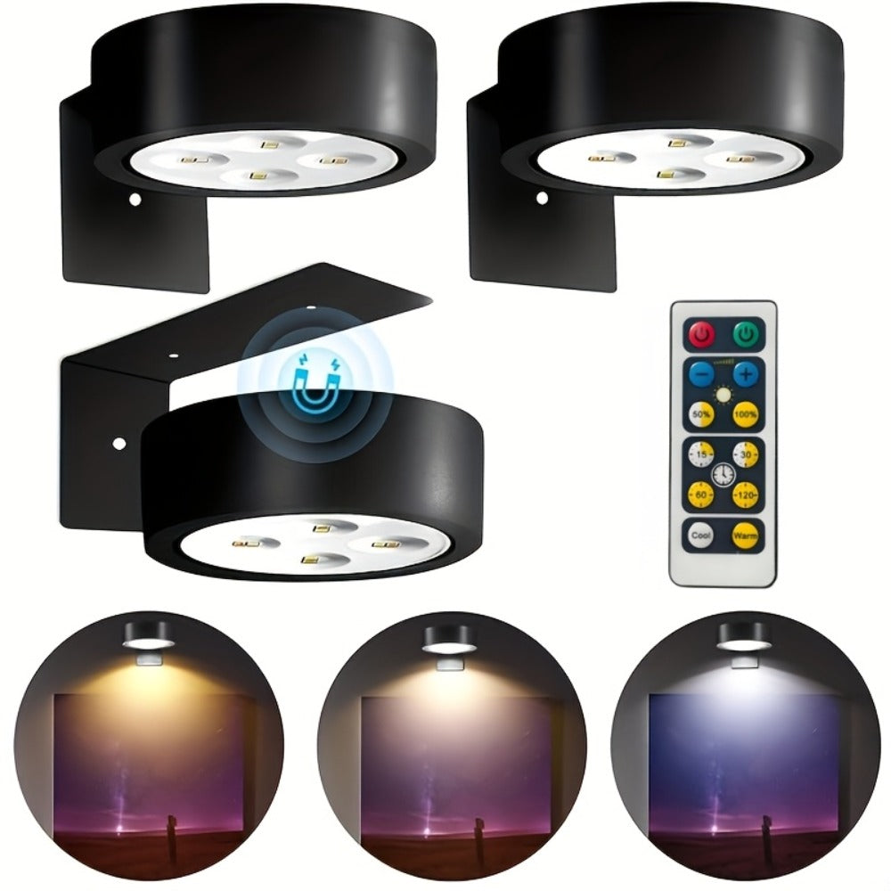 Battery Operated Picture Lights 3-Pack, Magnetic Painting Light with Remote & Timer, 3 Lighting Modes Dimmable Wireless Wall Puck Lights for Art Frames Portraits – Black