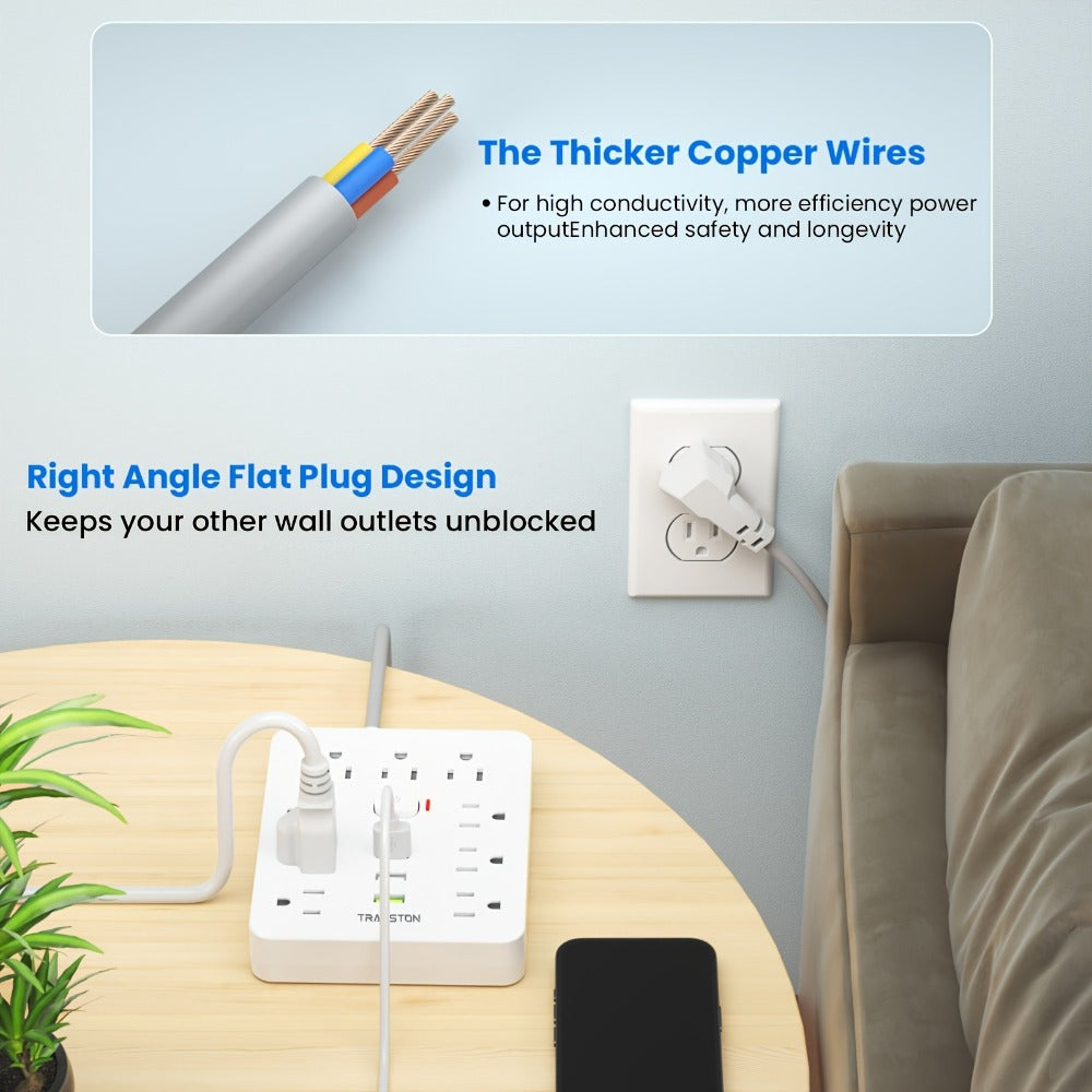 45° Tilt Plug Power Strip 12-in-1 Surge Protector with 9 AC Outlets & 3 USB Ports, 10ft Long Extension Cord, Advanced Overload Protection for Home, Office & High-Power Devices