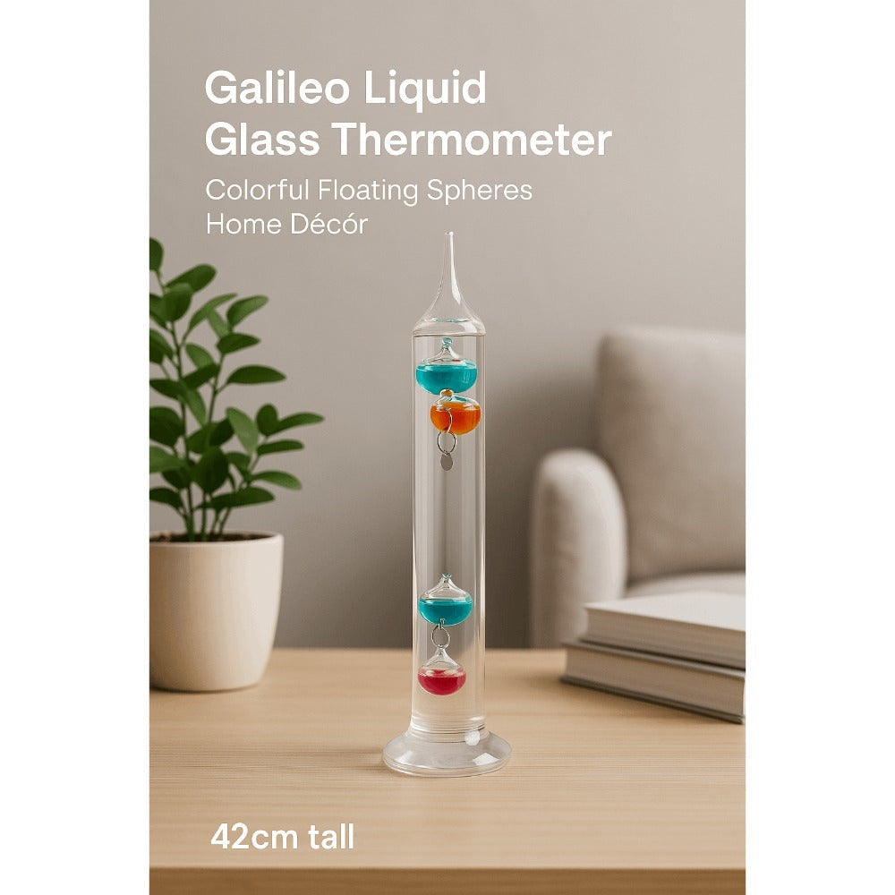 Galileo Thermometer Glass Multicolor Floating Spheres 9.5 Inch Decorative Temperature Display 16°C-28°C for Home Office Desk Science Decor Gift