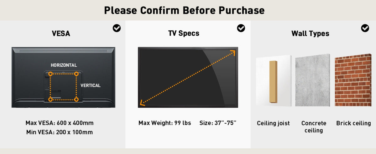 Ceiling TV Mount 37-75 Inch - 360° Swivel & Tilt Adjustable Bracket for Flat & Curved TVs up to 110 lbs, VESA 600x400mm, Stainless Steel, for Home Restaurant Gym
