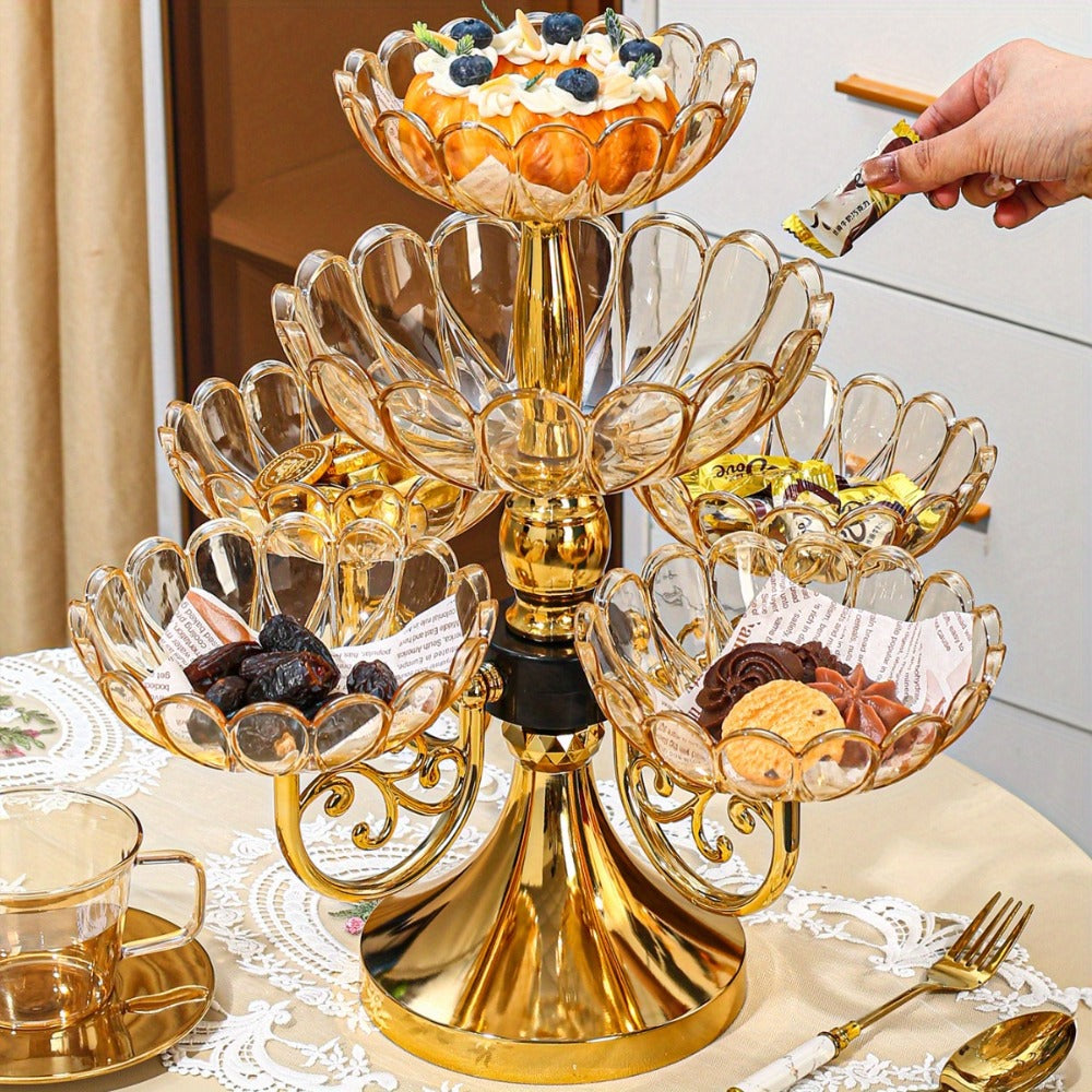 Crystal Rotating Fruit Plate Set 5-Tier – Luxury Round Multi-Layer Snack Candy Dish Bowl for Living Room Coffee Table Home Decor European Style Elegant Dessert Display Centerpiece Gift