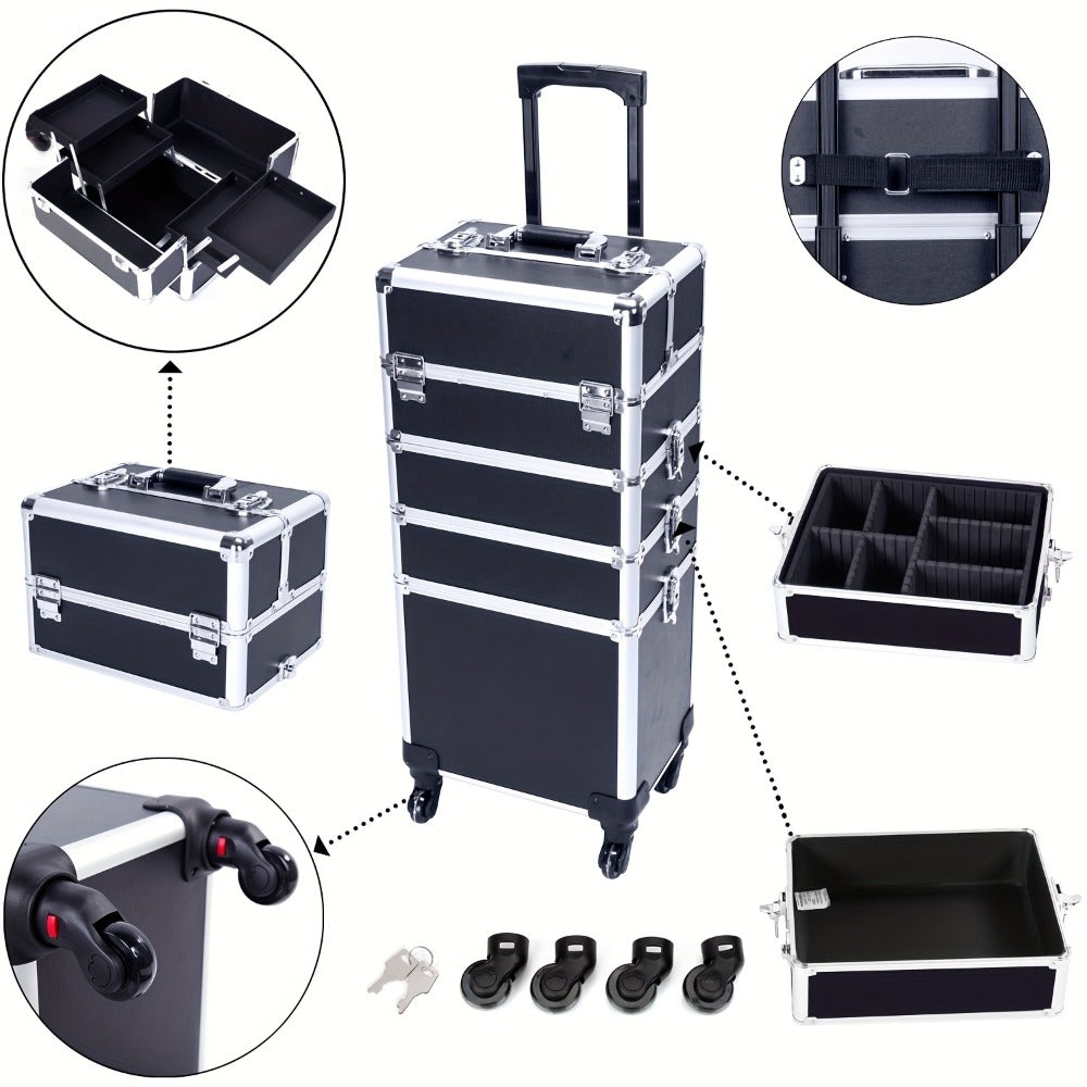 Rolling Makeup Case Aluminum 4-in-1 Extra Large Professional Cosmetic Trolley with 360° Swivel Wheels for Makeup Artist Tattoo Artist Salon Travel Black Pink Silver
