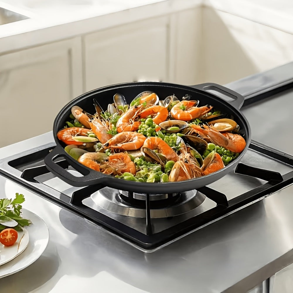 Cast Iron Skillet 11 Inch Pre-Seasoned Round Grill Pan with Dual Loop Handles – Even Heating for Oven, Stovetop, Campfire & Grill | Heavy-Duty Kitchen Cookware for Pizza, Steak & More