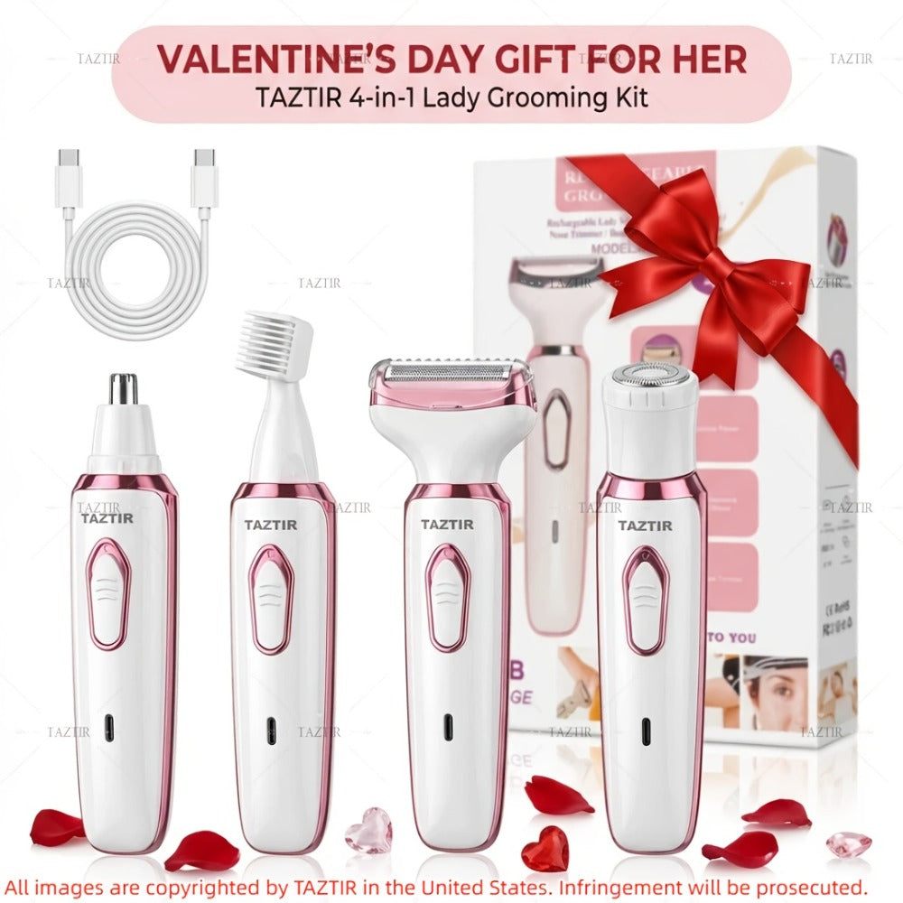 4-in-1 Electric Shaver for Women Rechargeable Wet & Dry Painless – Face Nose Legs Underarm Bikini Trimmer Portable Cordless Grooming Kit, Luxury Gift Set Options for Her