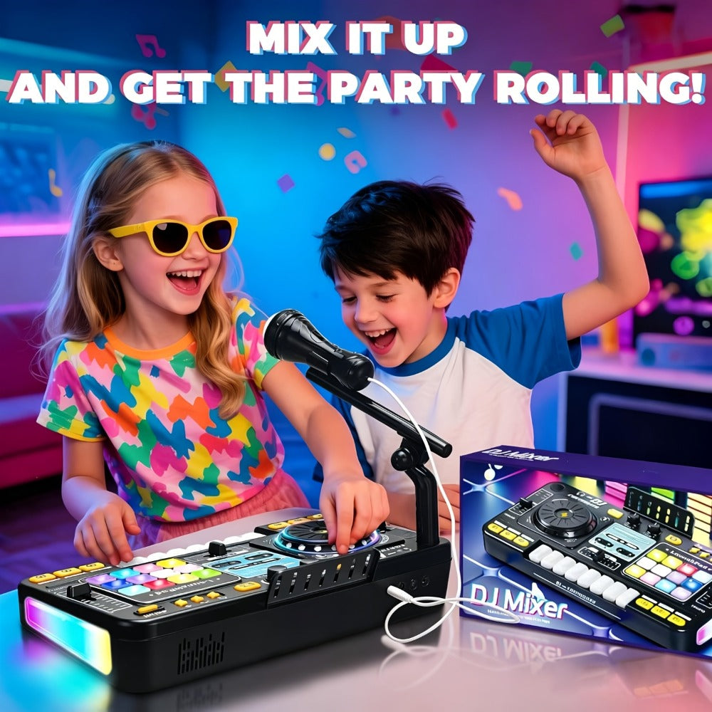 Kids DJ Mixer Toy in Black with LED Lights, Microphone and Piano Keys
