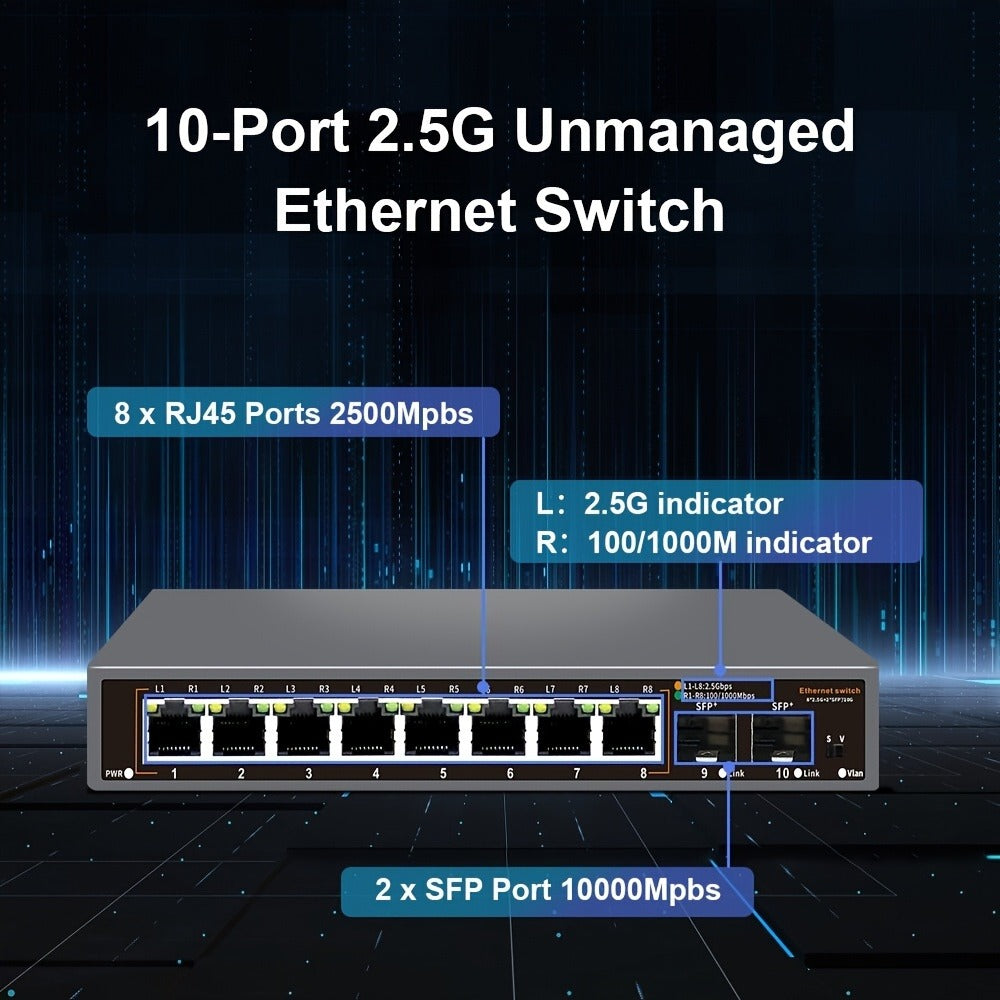 10-Port 2.5G Network Switch with 10G SFP+ Uplink - Fanless Metal Unmanaged Ethernet Switch, 8x 2.5GbE RJ45, 40Gbps Capacity, Plug and Play for NAS Home Lab Gaming Office