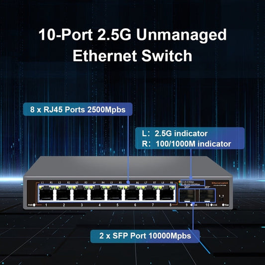 2.5G Network Switch, 8 RJ45 Ports and 2 10G SFP+ Uplinks, Fanless Metal Housing