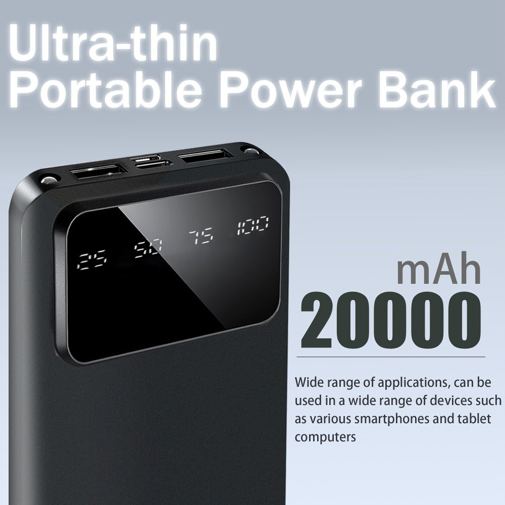 20000mAh Portable Power Bank Dual USB Output with LED & Digital Display – 5V 2.1A Charger, USB-C & Micro Input, Safe Polymer Lithium Battery for iPhone, Android & All Mobile Devices