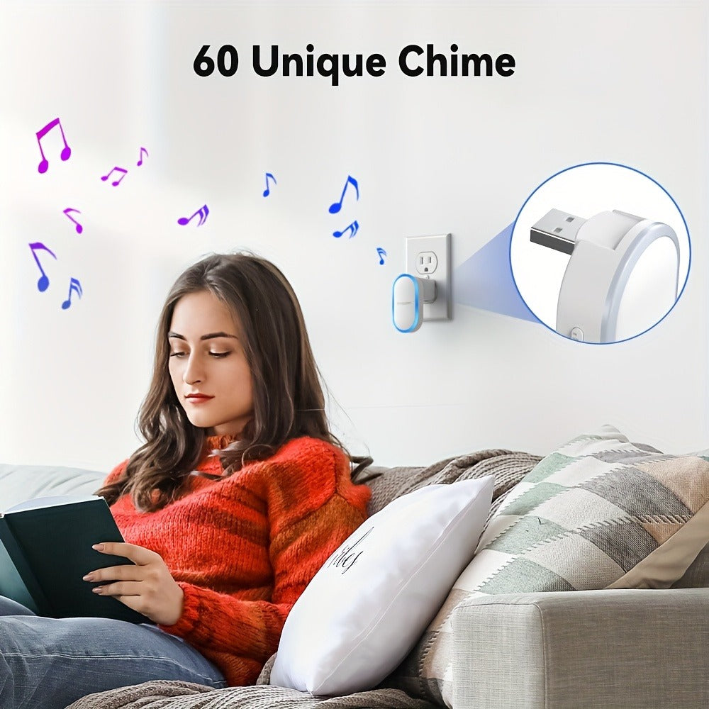 USB Plugin Wireless Doorbell Kit with 60 Melodies, 5 Volume Levels & Colorful LED Indicator, 1000ft Range, Silent Mode, Battery-Powered Transmitter, No Wiring for Home Office Apartment Elderly