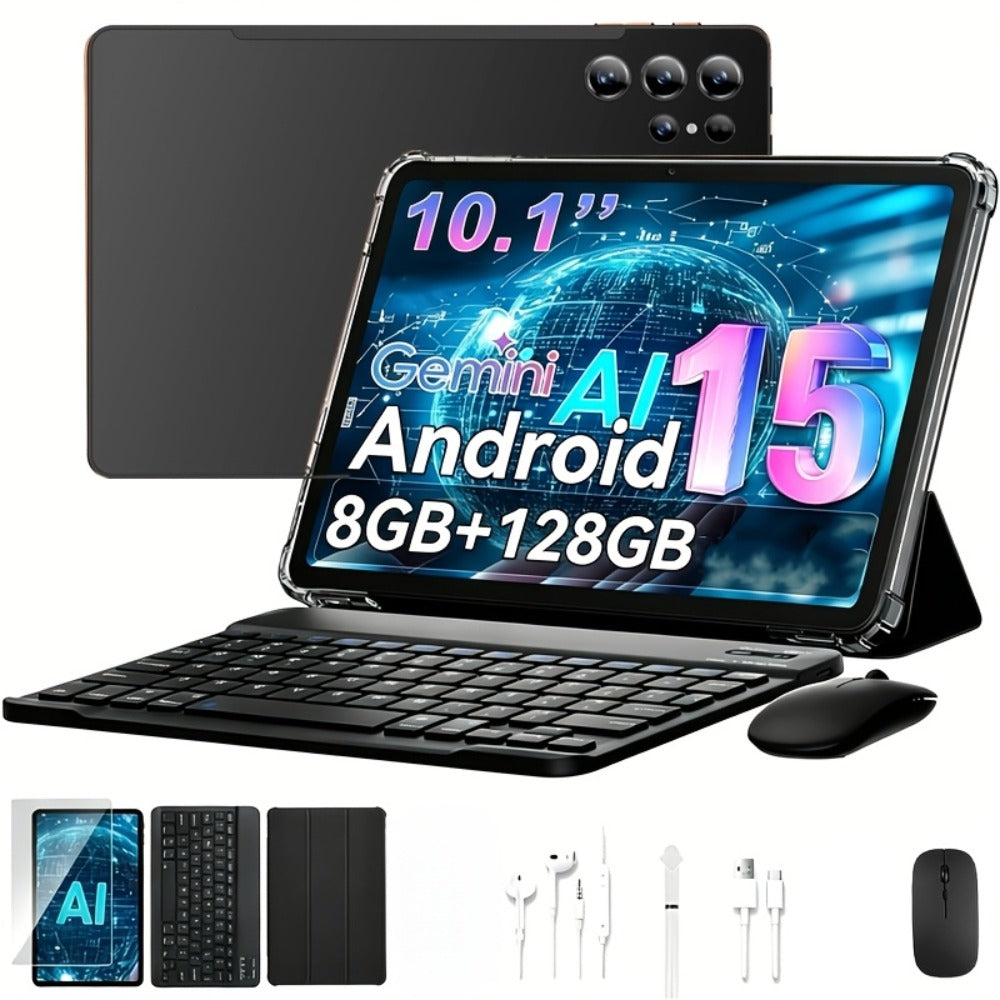 2-in-1 Tablet with Keyboard Android 15, 10.1 Inch 8GB RAM 128GB ROM 8000mAh Battery, 5G WiFi 16MP+5MP Dual Camera FHD IPS Display, Stylus Pen Included, Laptop Tablet PC for Work Study Entertainment – Black Pink Gold Gray Orange