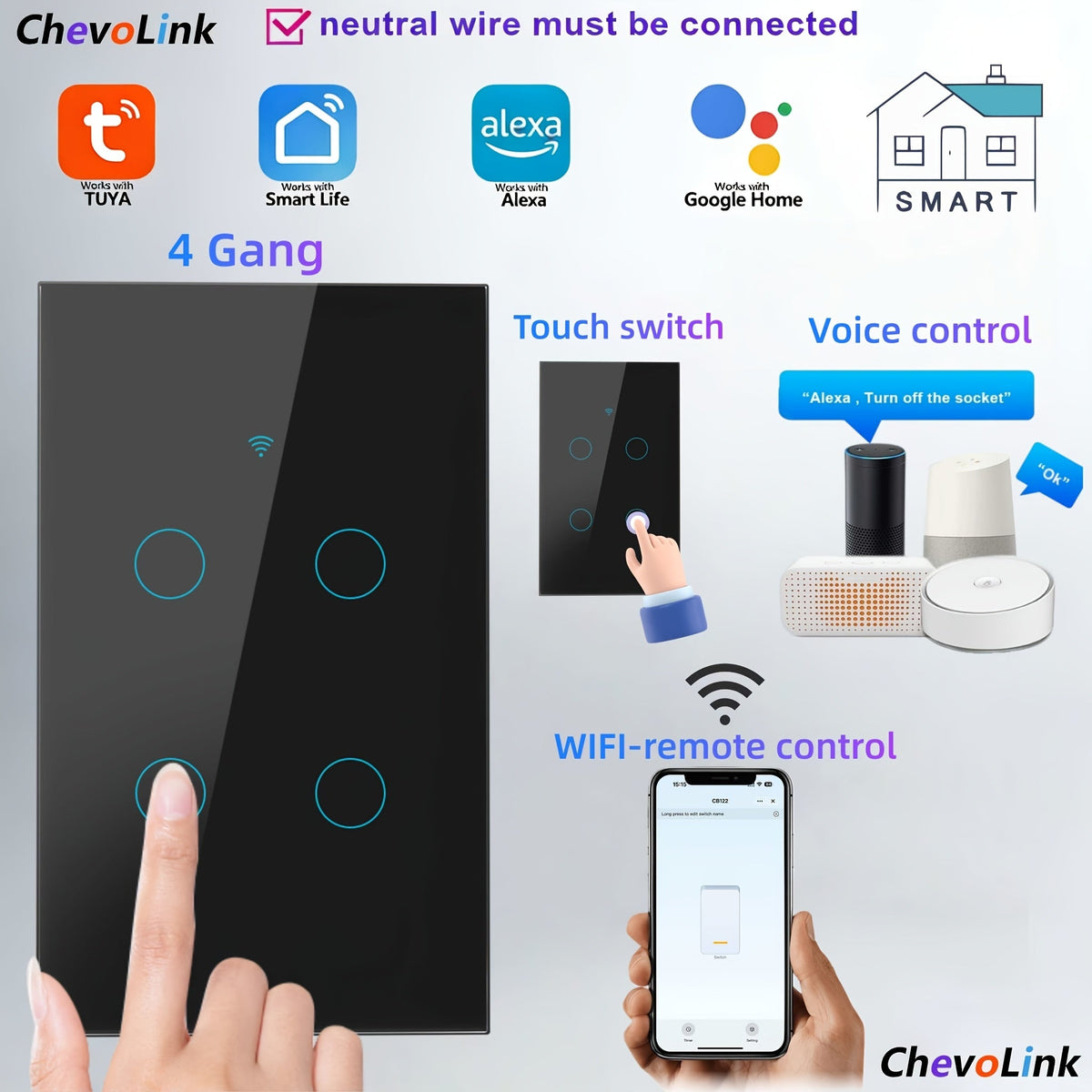 Black Tempered Glass WiFi Smart Light Switch 1/2/3/4 Gang – US Standard, Works with Alexa & Google Home, Tuya App, Smart Scenes, Timer, Voice & App Control, Neutral Wire Required, 100-240V