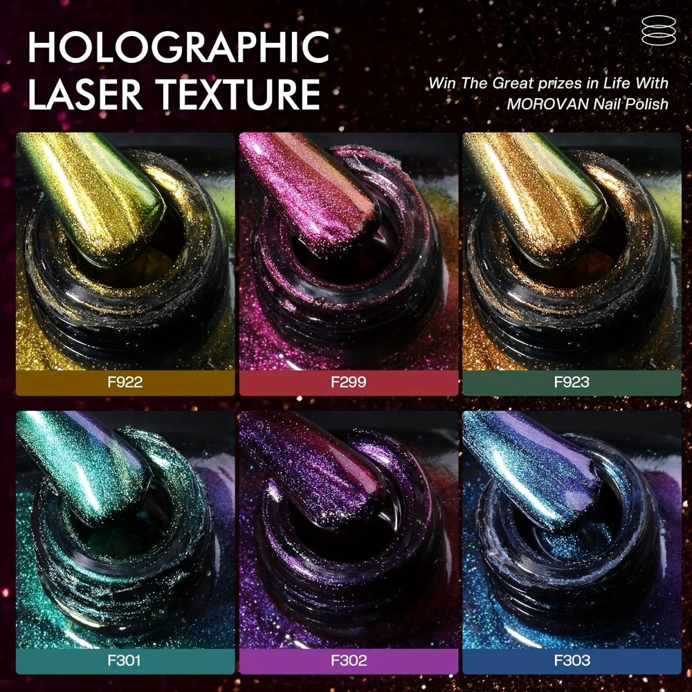 Holographic Nail Polish Set 6pcs Air Dry No UV Lamp – Metallic Glitter Rainbow Shimmer Lacquer 0.25oz, Finger & Toenail Polish Kit, Nail Art Gift Set for Women Girls by Morovan