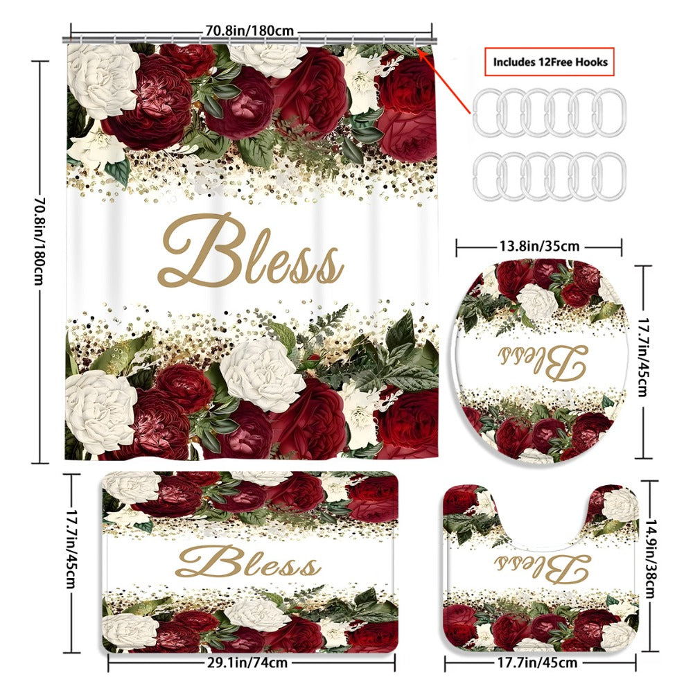 Rose Print Shower Curtain 4-Piece Bathroom Set – Toilet Lid Cover Mat Machine Washable with 12 Hooks Elegant Floral Decor