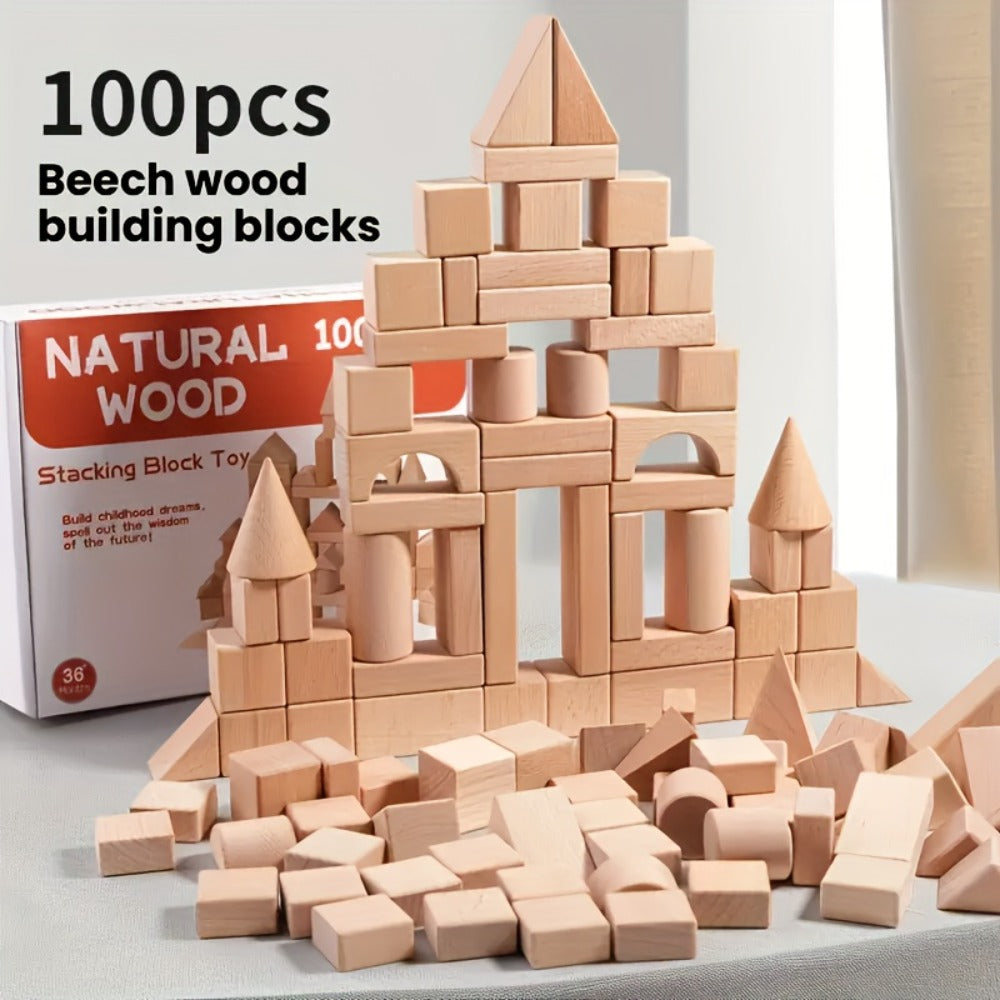 100-Piece Unpainted Beech Wood Building Blocks for Stacking and Sorting