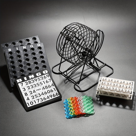 Bingo Game Set with Stainless Steel Cage, Balls, Cards and Colorful Chips
