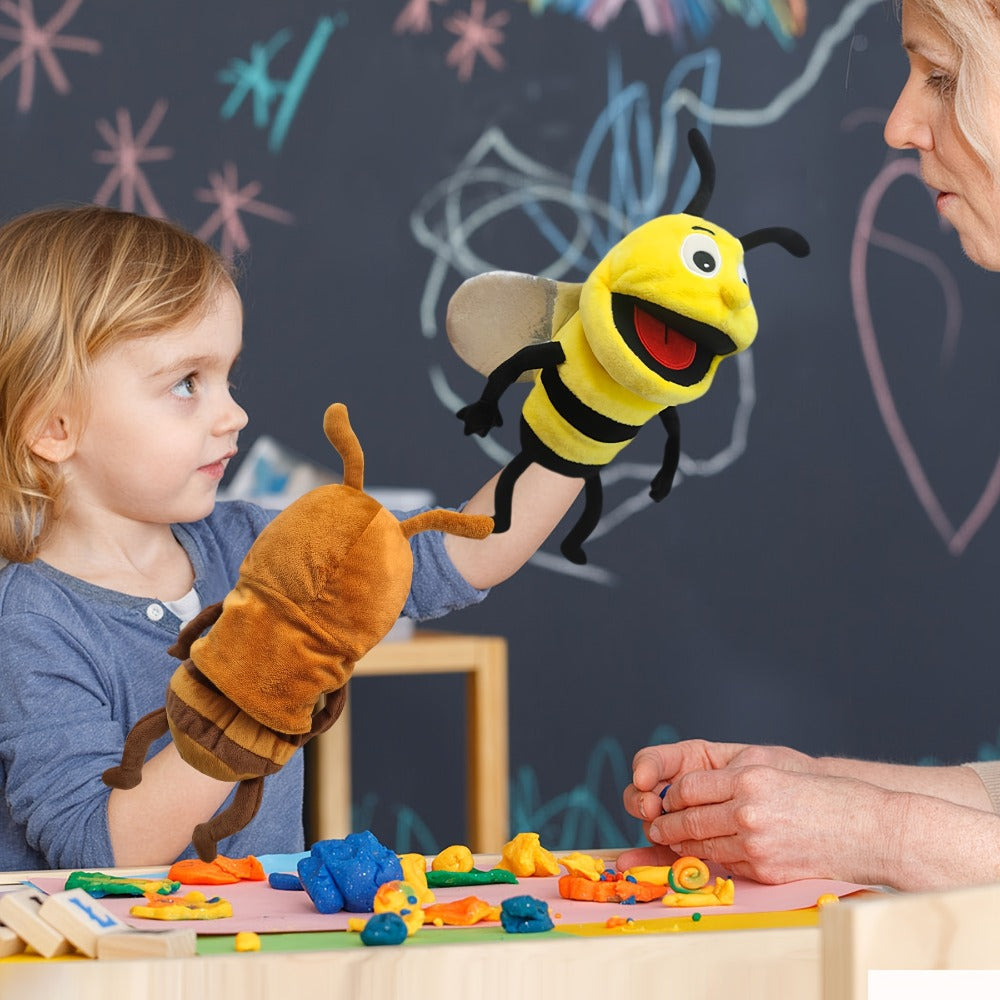 Insect Hand Puppet 13-Inch with Movable Mouth, Realistic Plush Bee Ladybug Dragonfly Butterfly Ant Caterpillar Puppet for Kids Storytelling Role Play Puppet Show, Birthday Holiday Gift