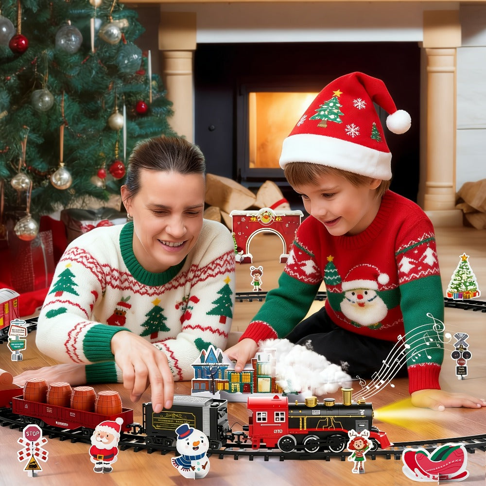 Electric Train Set with Smoke, Lights & Sound – 6-Car Christmas Toy Train with Switch Tracks