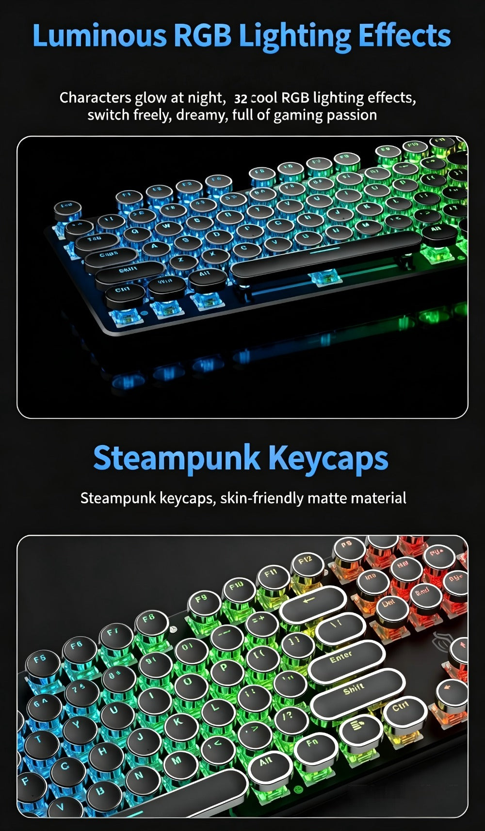 Typewriter Mechanical Keyboard with Green Switches – Retro Punk Style RGB Backlit Wired Gaming & Office Keyboard with Volume Knob, Compatible with PC Laptop Mac – Unique Gift for Her & Him