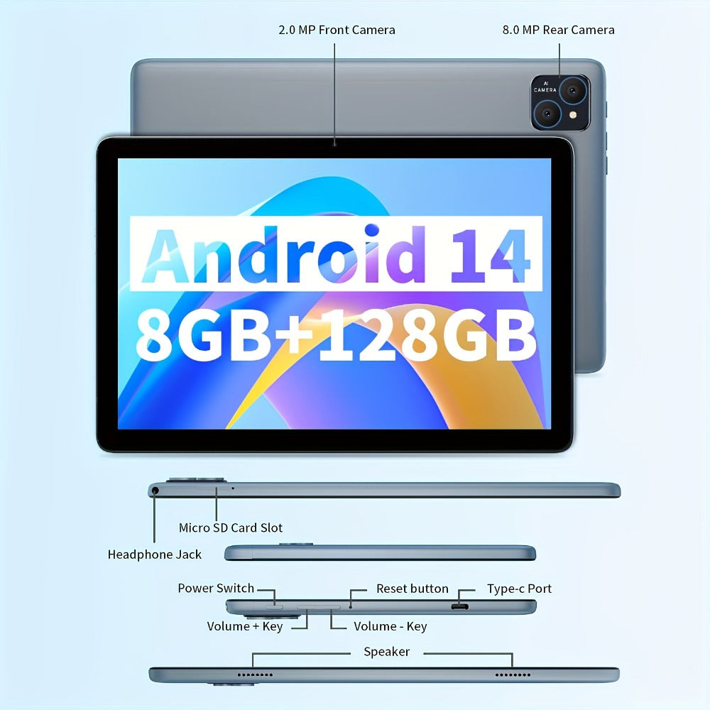 PRITOM Android 14 Tablet 10.1 Inch 8GB RAM 128GB ROM Octa-Core 8000mAh 2-in-1 Tablet with Keyboard Mouse Case Stylus Dual 8MP Camera 1TB Expandable 1280x800 IPS Display Tablet PC Black