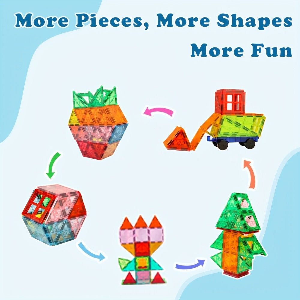 Magnetic Tiles Building Set for Kids Ages 3+, 106-Piece Multicolor with 2 Toy Cars or 136-Piece Basics