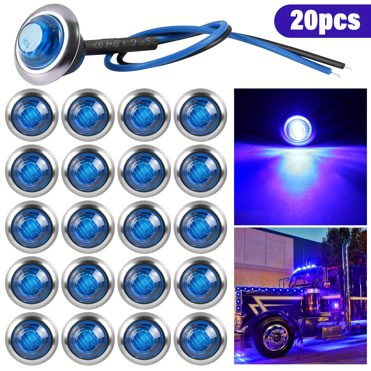 Marine Boat Lights 20 Pack, DC 12V Submersible LED Side Marker Lights for Boat Transom Stern Tail Yacht, Round Courtesy Navigation Lights, Waterproof 3-LED 1.2W, Red Blue Green White Amber Purple