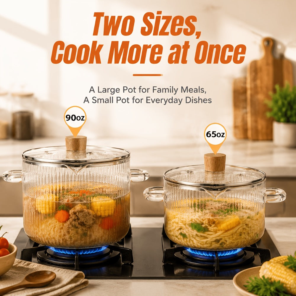 Glass Saucepan Set 2-Pack Stovetop Safe Borosilicate Ribbed Pots with Lids – 78oz & 54oz Heat Resistant Cookware for Soup, Ramen, Milk | Transparent Glass Pot Kitchen Cooking Set with Baking Mat
