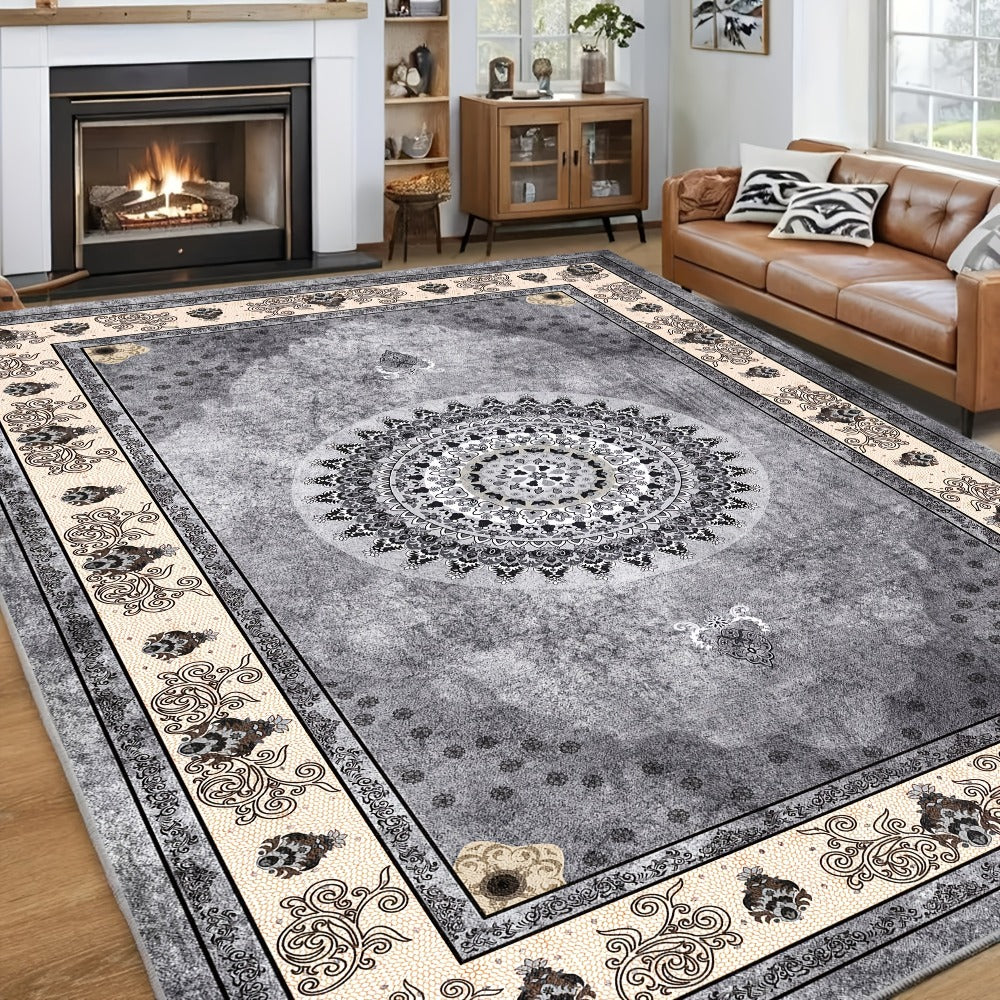 Bohemian Persian Velvet Area Rug Non-Slip Machine Washable – Vintage Floral Paisley Pattern 1000g/m² 100% Polyester Carpet for Living Room & Bedroom – 6 Sizes, High-Traffic Durable