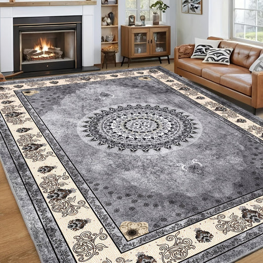 Persian-Style Velvet Area Rug with Floral Paisley Design, Washable Polyester