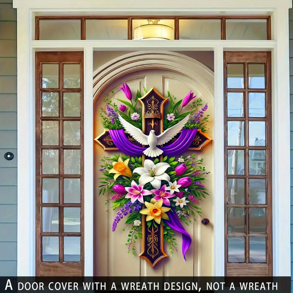 Easter Door Curtain Decoration 35.4x70.8 Inch, Colorful Spring Door Hanging with Dove Floral Cross Pattern, Polyester 2D Flat No-Power Door Curtain Set for Entrance Room Home Party Easter Decor