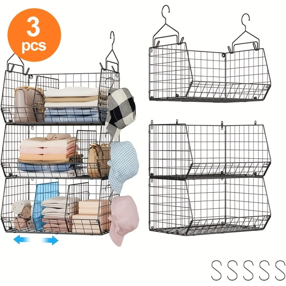 Hanging Laundry Basket Organizer 3pcs - Foldable Laundry Bag with 360° Rotating Hook for Washing Machine & Drying Rack, Space Saving Metal Mesh Laundry Hamper for Bathroom, Laundry Room | Black & White