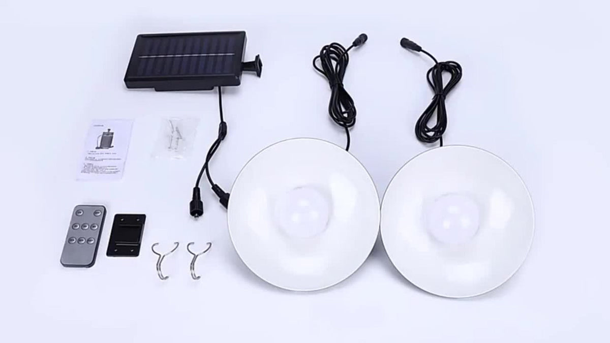 Solar Pendant Light Indoor Outdoor Hanging Light Fixture 3200mAh Rechargeable - 3 Brightness Modes Remote Control 2 LED Bulbs Warm & Cool White for Patio Gazebo Pergola Shed Garage Barn Off-Grid