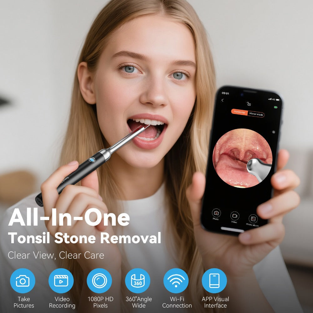Tonsil Stone Remover with Camera 1080P HD Visual Oral Care Kit - 6 LED Lights, 5 Stainless Steel Tips, Wi-Fi App Control, USB-C Rechargeable Bad Breath Treatment Tool for iOS & Android