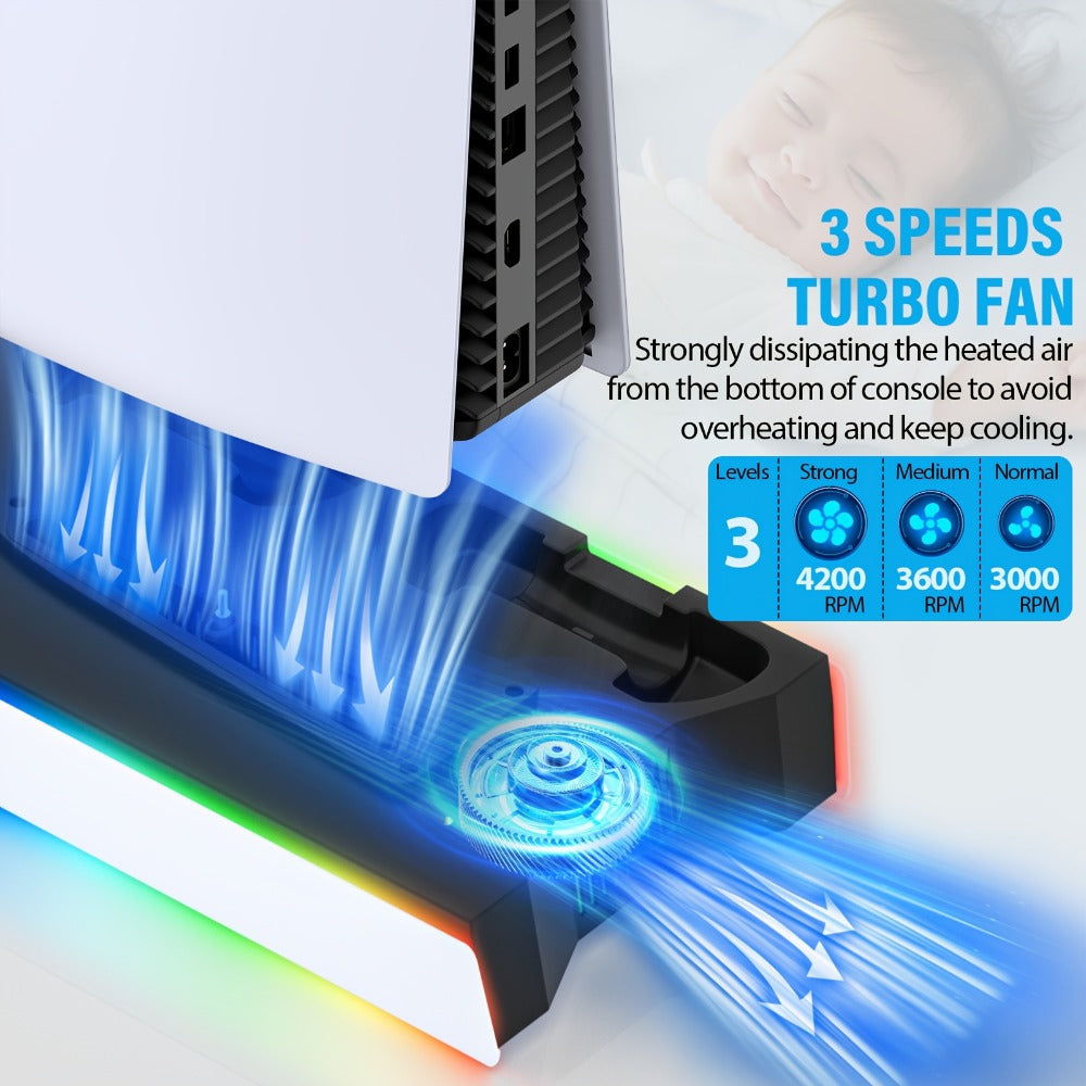 Headset Holder PS5 Cooling Stand with RGB Light, 3-Level Fan, Controller Charger & 3 USB Ports – Compatible with PS5 / PS5 Slim / PS5 Pro Disc & Digital Edition Console