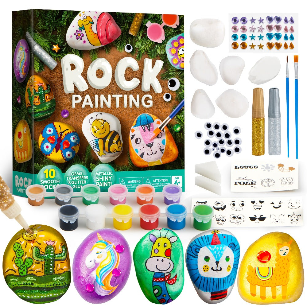 Rock Painting Kit for Kids 10 Stones 16 Paints 6 Metallic Colors Arts and Crafts Set for Girls Boys Ages 6+ DIY Stone Art with Gems Glitter Glue Stickers Brushes Birthday Christmas Gift