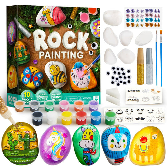 Rock Painting Kit with 10 Stones, Paints and Decorative Gems for DIY Art