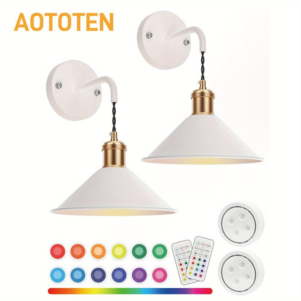 Battery Operated Wall Sconce Set of 2 – RGB Wireless Wall Light, Dimmable with Remote Control, 13 Scene Modes, Timer & Memory Function, No Wiring for Bedroom Living Room Hallway (Black / White)