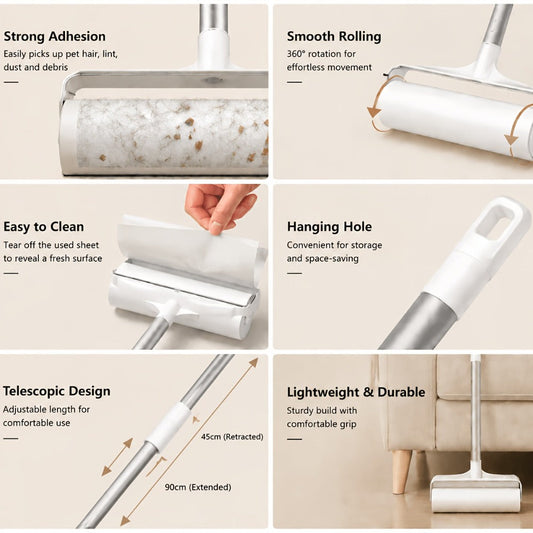 Pet Hair Remover Roller Mop with Retractable Handle and 3 Refill Rolls