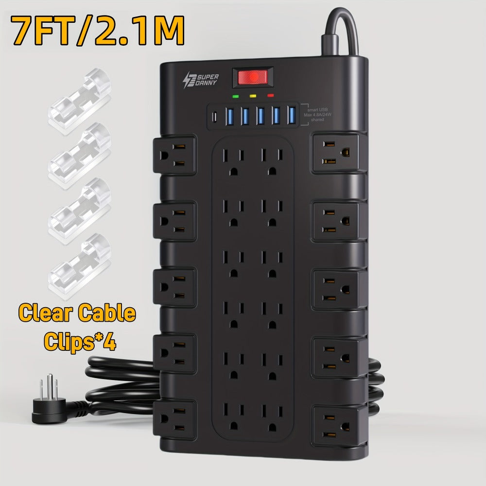 Surge Protector Extension Cord Flat Plug 2100 Joules with Control Switch Status Indicator Wall-Mountable Multi-Outlet Power Strip 28-in-1 22 AC or 8-in-1 4 AC with USB Ports Multiple Length Options for Home Office – Black