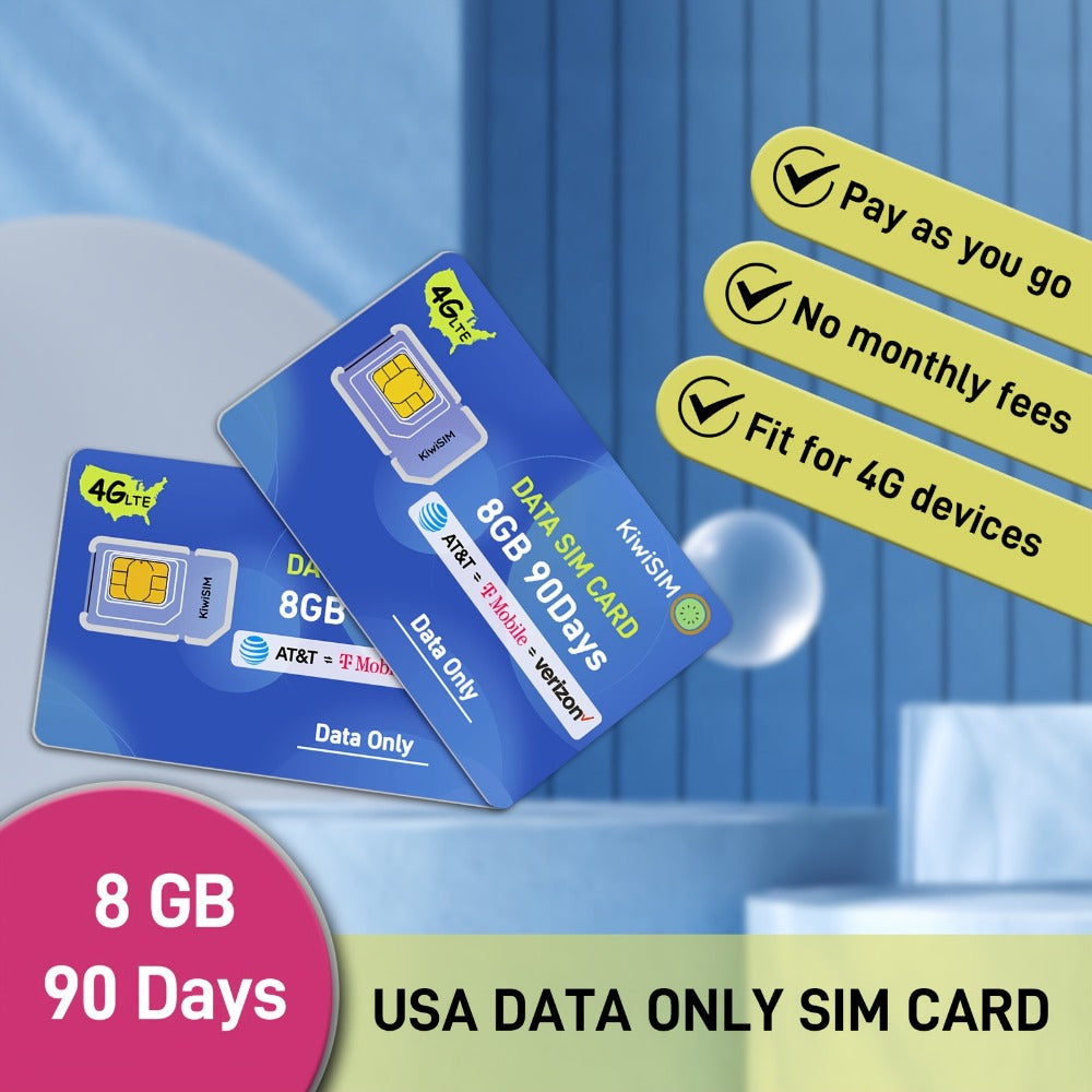 Prepaid Data SIM Card USA 4G LTE KIWISIM Auto-Switch AT&T & T-Mobile – No Contract No Monthly Fee, 6GB 8GB 24GB Plans for Security Cameras GPS Trackers Mobile Hotspots IoT Tablets Smartwatches