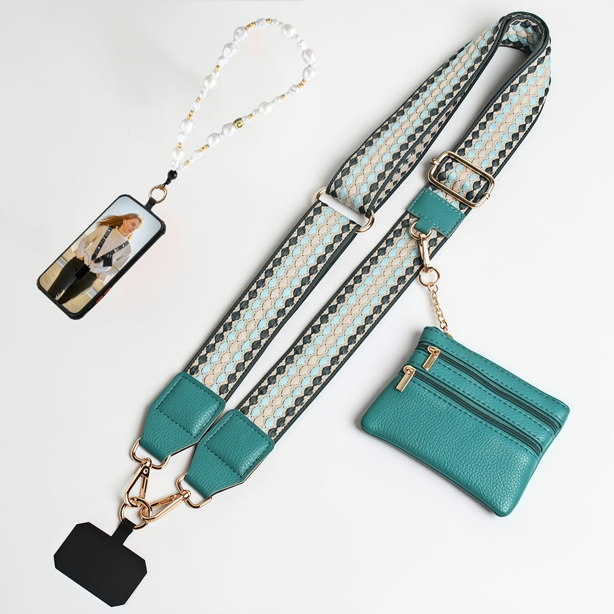 Crossbody Phone Strap Wallet Pouch with Beaded Charm Detachable Wrist Lanyard Card Holder Hands-Free Shoulder Strap for Women Girls iPhone Samsung – Green Purple Brown Pink 5 Colors