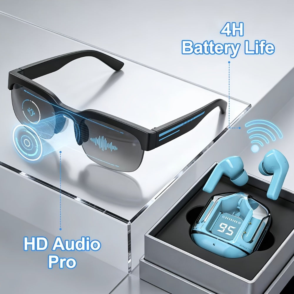 AI Translation Glasses & Wireless Headphones Bundle – Real-Time Multi-Language Translation, HiFi Audio, Built-in Mic, Rechargeable – Blue Gaming Headset or Pink Sports Earphones