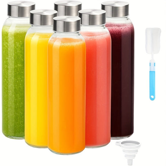 Glass Water Bottles, 18 fl oz 6-Pack with Steel Lids, Cleaning Brush and Funnel
