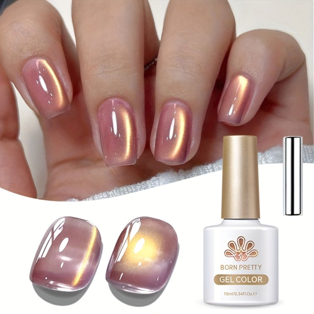 Cat Eye Magnetic Gel Nail Polish Set BORN PRETTY Nude Golden Glitter 2 Colors Ultra Shine Semi-Permanent UV LED Soak Off Long Lasting 30 Days 0.34oz Each for Women Nail Art