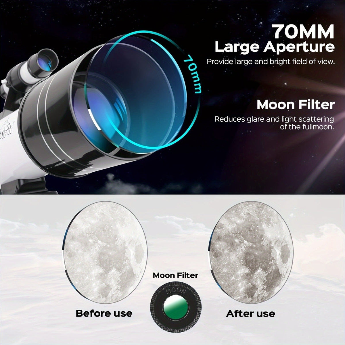 70mm Aperture Telescope 150X for Adults & Kids – Portable Astronomical Telescope with Tripod, Phone Holder, Barlow Lens & Eyepiece, Best Gift for Stargazing, Nature & Education