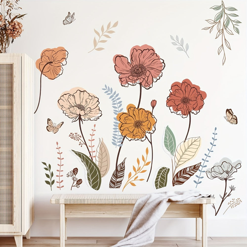 Bohemian Flower Wall Stickers Self-Adhesive Peel and Stick - Wildflowers & Fruits Wall Art Decals for Living Room Bedroom TV Background - Removable Matte Boho Floral Wall Decoration Sticker