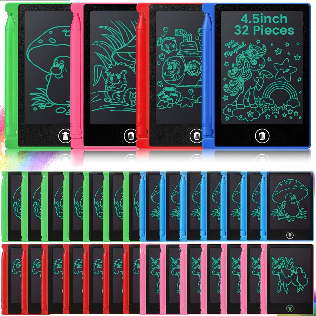 Mini LCD Doodle Board 32 Pack 4.5 Inch – Bulk Erasable Reusable Drawing Pads for Kids | Classroom Party Favor Birthday Valentine Easter Back to School Gift | Colorful Educational Stationery