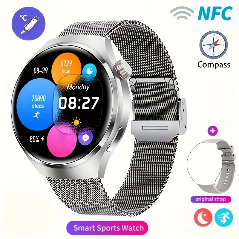 GPS Smartwatch Men with NFC & Multiple Strap Styles – 360×360 HD Screen Wireless Calling GPS Motion Trajectory Sports Fitness Tracker Heart Rate Sleep Monitor Outdoor Watch Black Steel Mesh Faux Leather